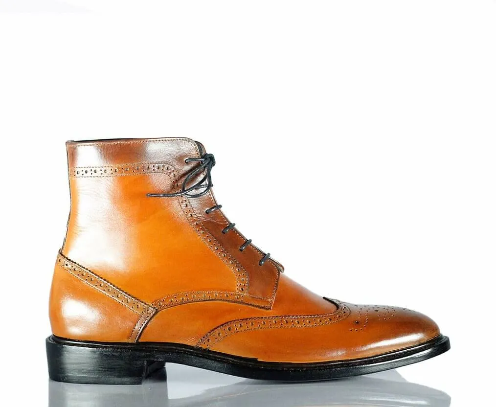 Awesome Handmade Men's Tan Brown Leather Wing Tip Brogue Lace Up Boots, Men Ankle Boots, Men Fashion Boots