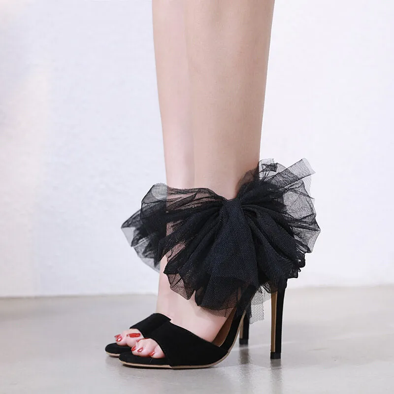 Black Suede High Heel Bow Sandals