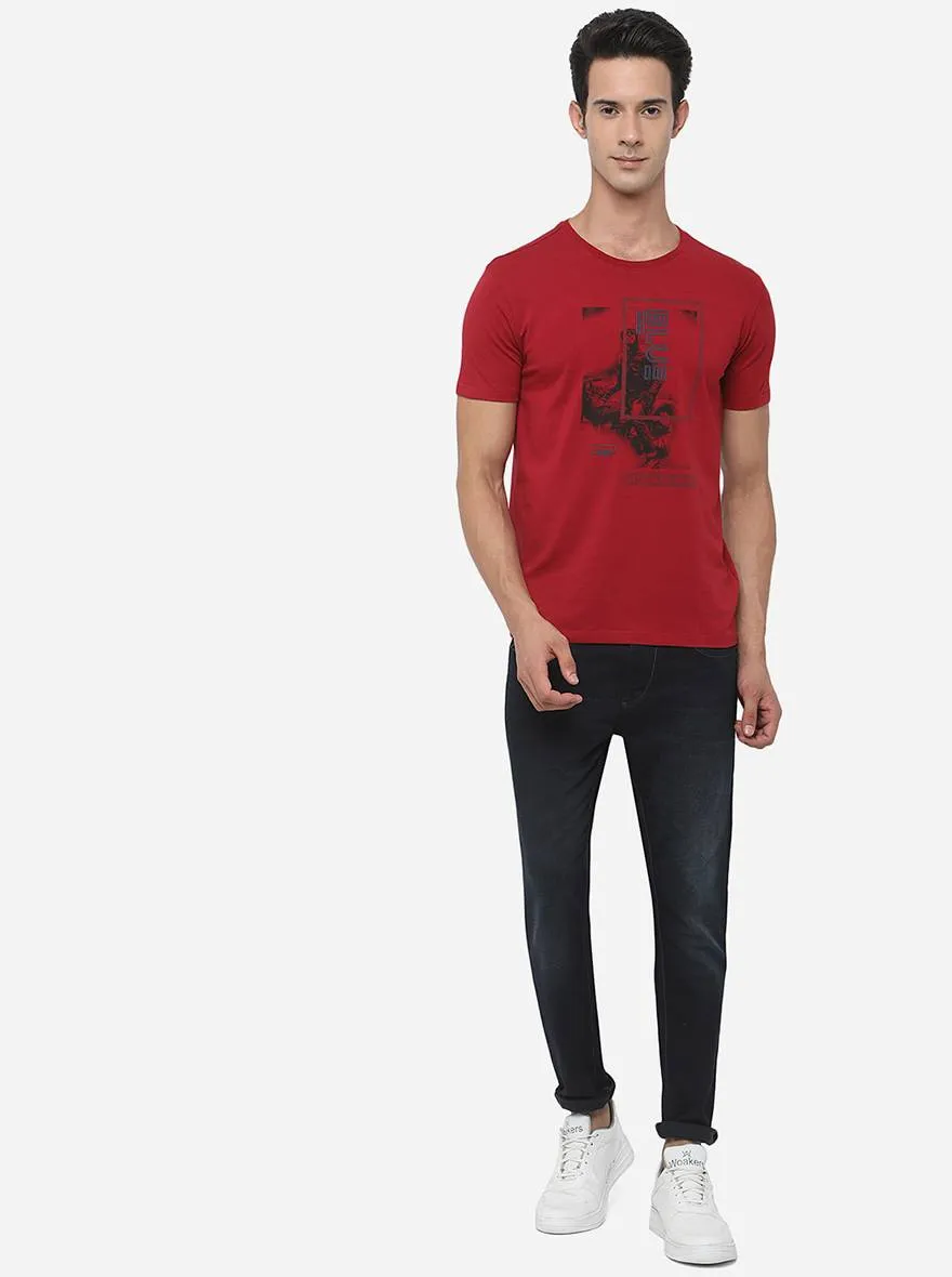 Brick Red Printed Slim Fit T-Shirt | JadeBlue