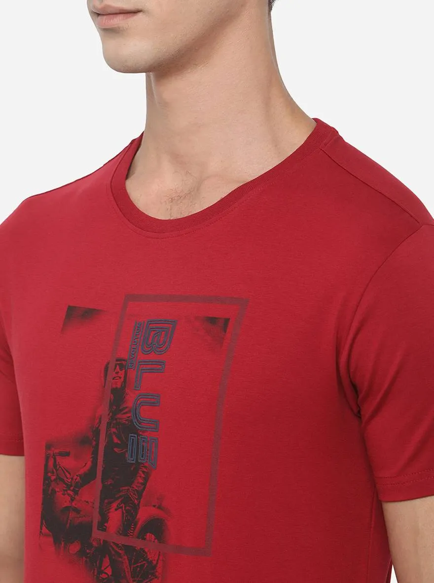 Brick Red Printed Slim Fit T-Shirt | JadeBlue