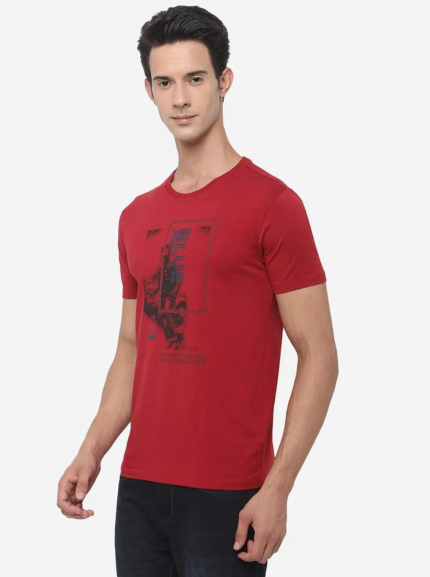 Brick Red Printed Slim Fit T-Shirt | JadeBlue