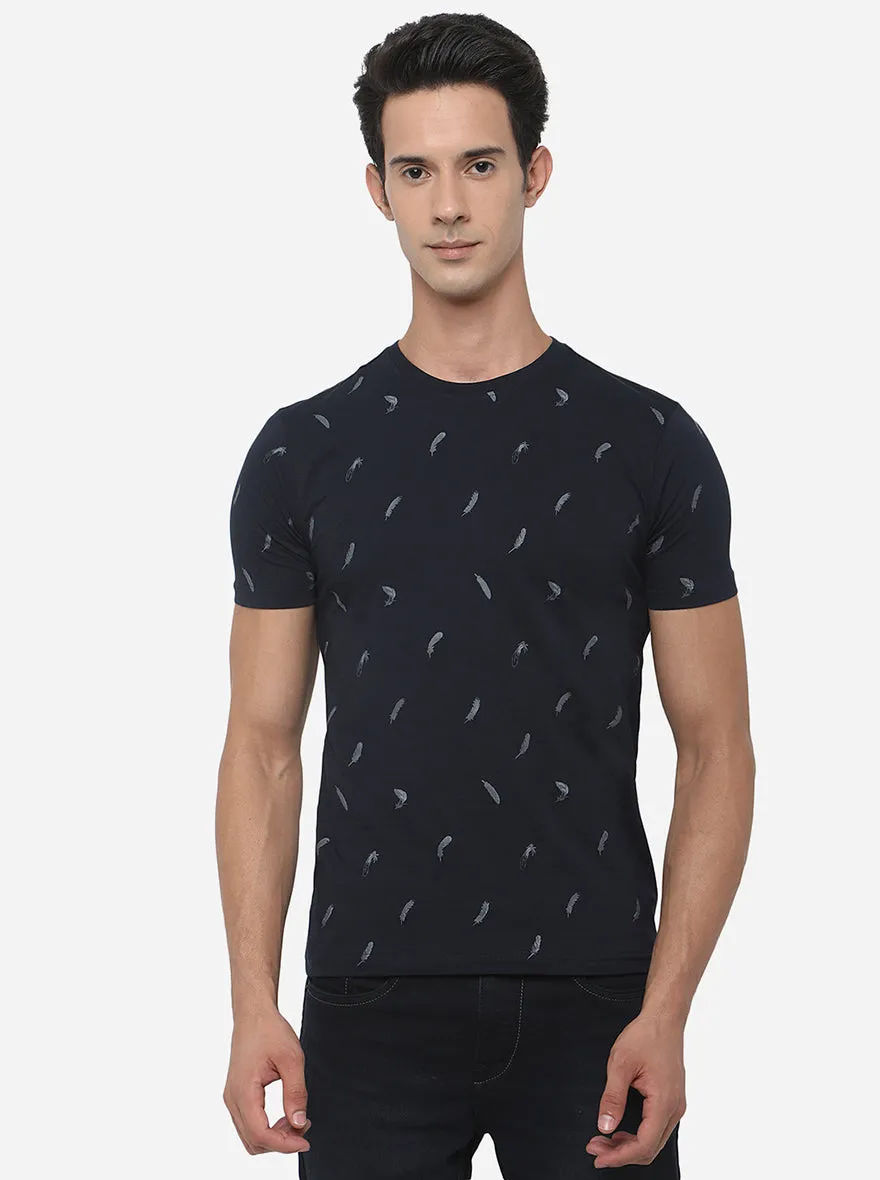 Dark Blue Printed Slim Fit T-Shirt | Greenfibre