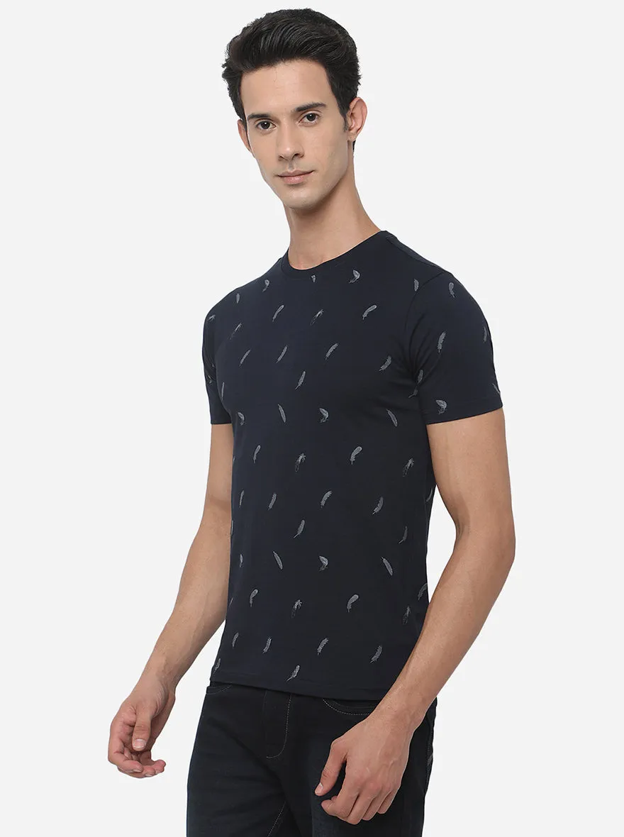 Dark Blue Printed Slim Fit T-Shirt | Greenfibre