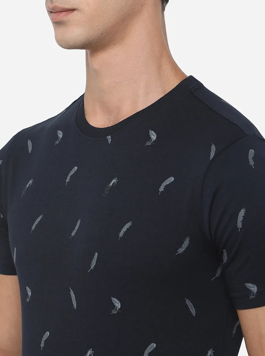 Dark Blue Printed Slim Fit T-Shirt | Greenfibre