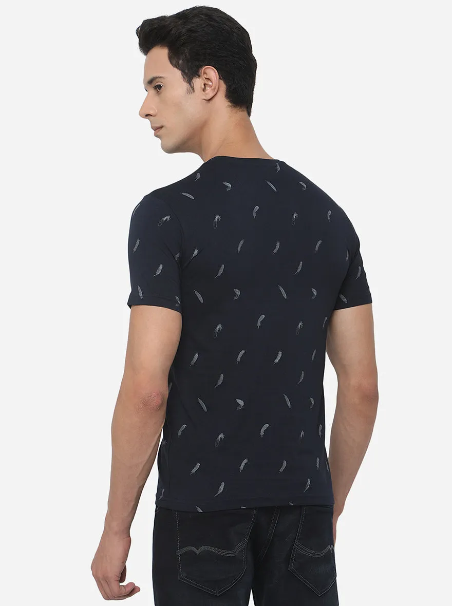 Dark Blue Printed Slim Fit T-Shirt | Greenfibre