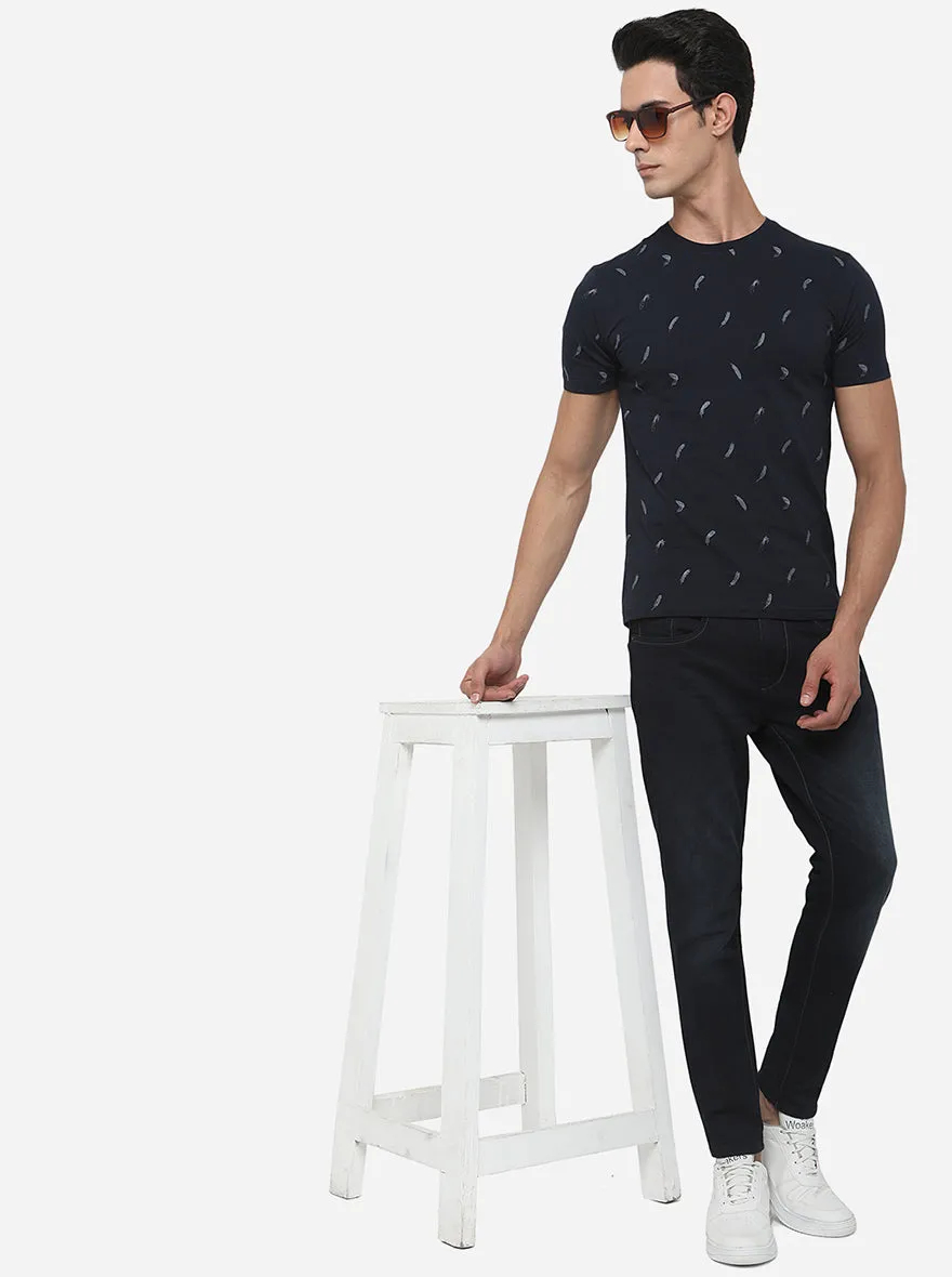 Dark Blue Printed Slim Fit T-Shirt | Greenfibre