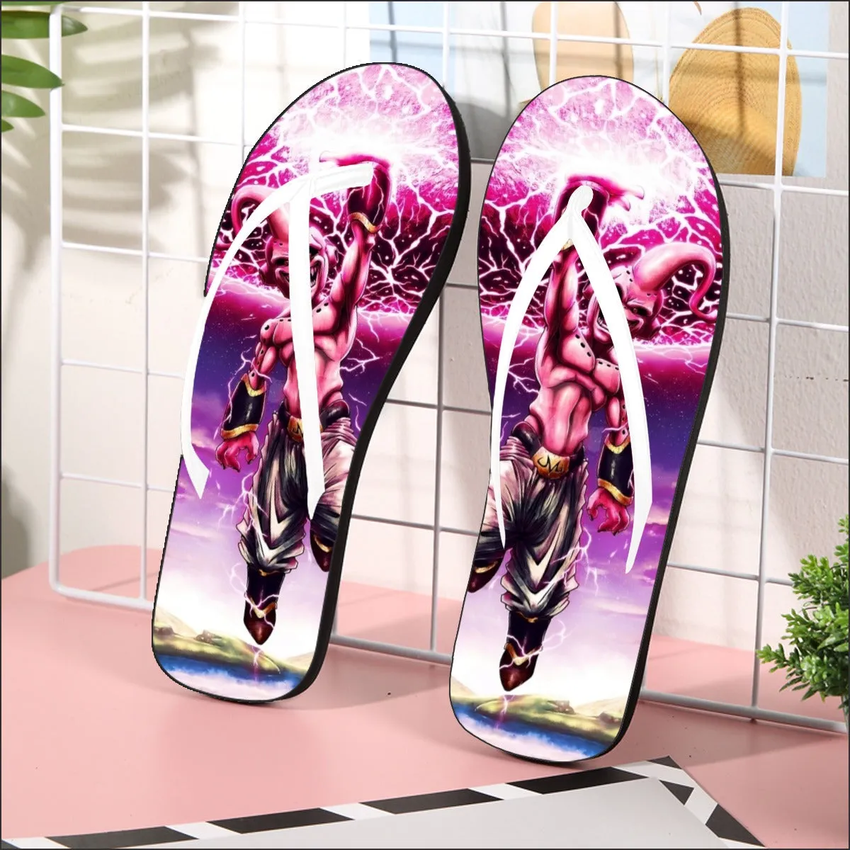 DBZ Kid Buu Super Villain Giant Ki Blast Realistic Design Flip Flops