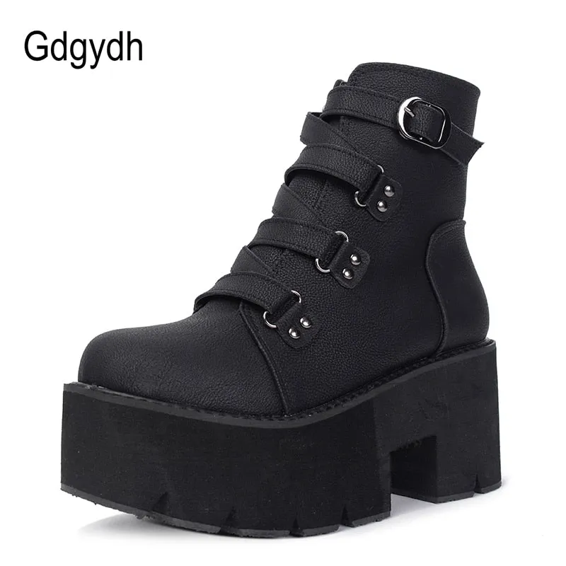 Gdgydh Spring Autumn Ankle Boots Women Platform Boots Rubber Sole Buckle Black Leather PU High Heels Shoes Woman Comfortable