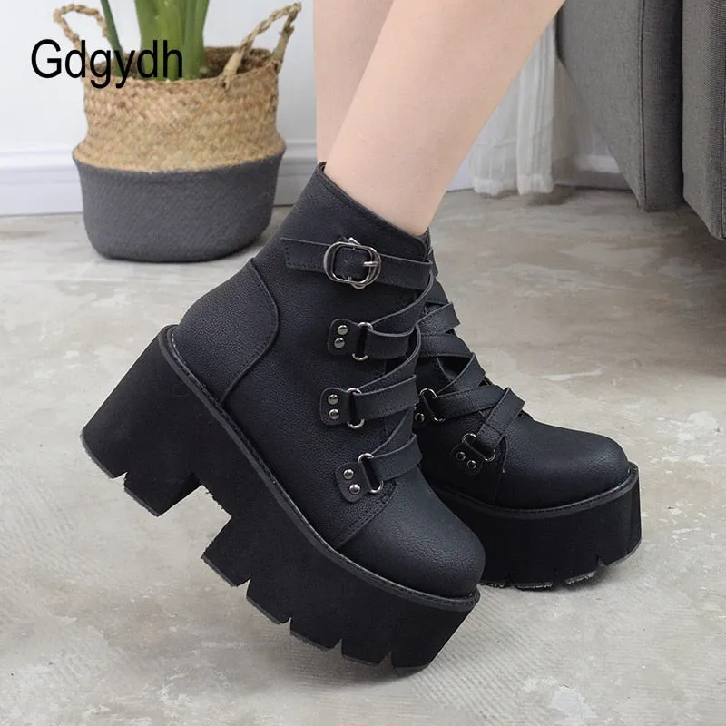 Gdgydh Spring Autumn Ankle Boots Women Platform Boots Rubber Sole Buckle Black Leather PU High Heels Shoes Woman Comfortable