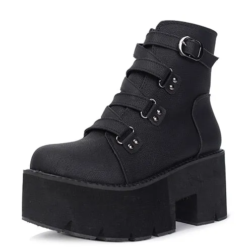 Gdgydh Spring Autumn Ankle Boots Women Platform Boots Rubber Sole Buckle Black Leather PU High Heels Shoes Woman Comfortable