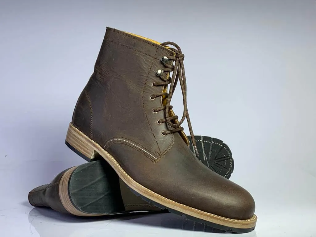 Handmade Men Ankle High Chocolate Brown Leather Boots, Men Lace Up Casual Boots