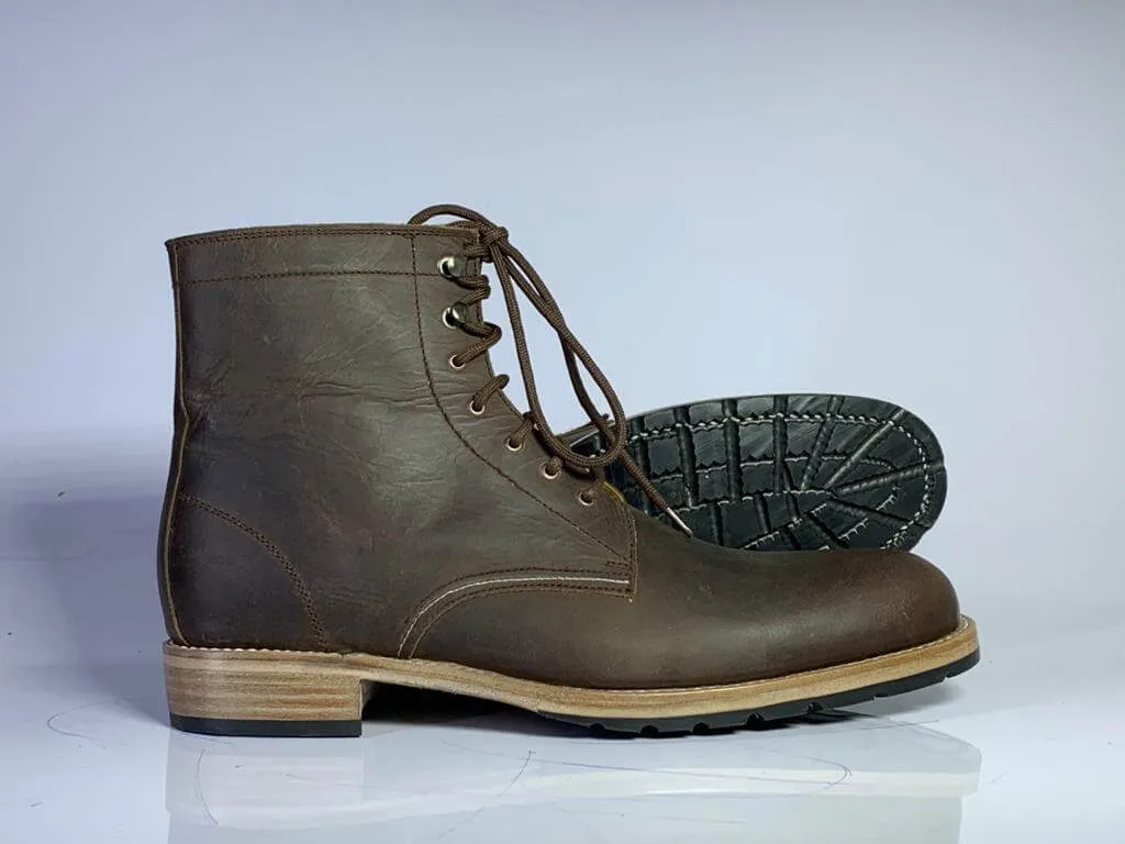 Handmade Men Ankle High Chocolate Brown Leather Boots, Men Lace Up Casual Boots