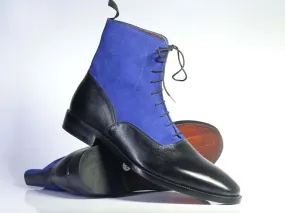 Handmade Men's Black Leather Blue Suede Lace Up Boots, Men Ankle Boots, Men Designer Boots