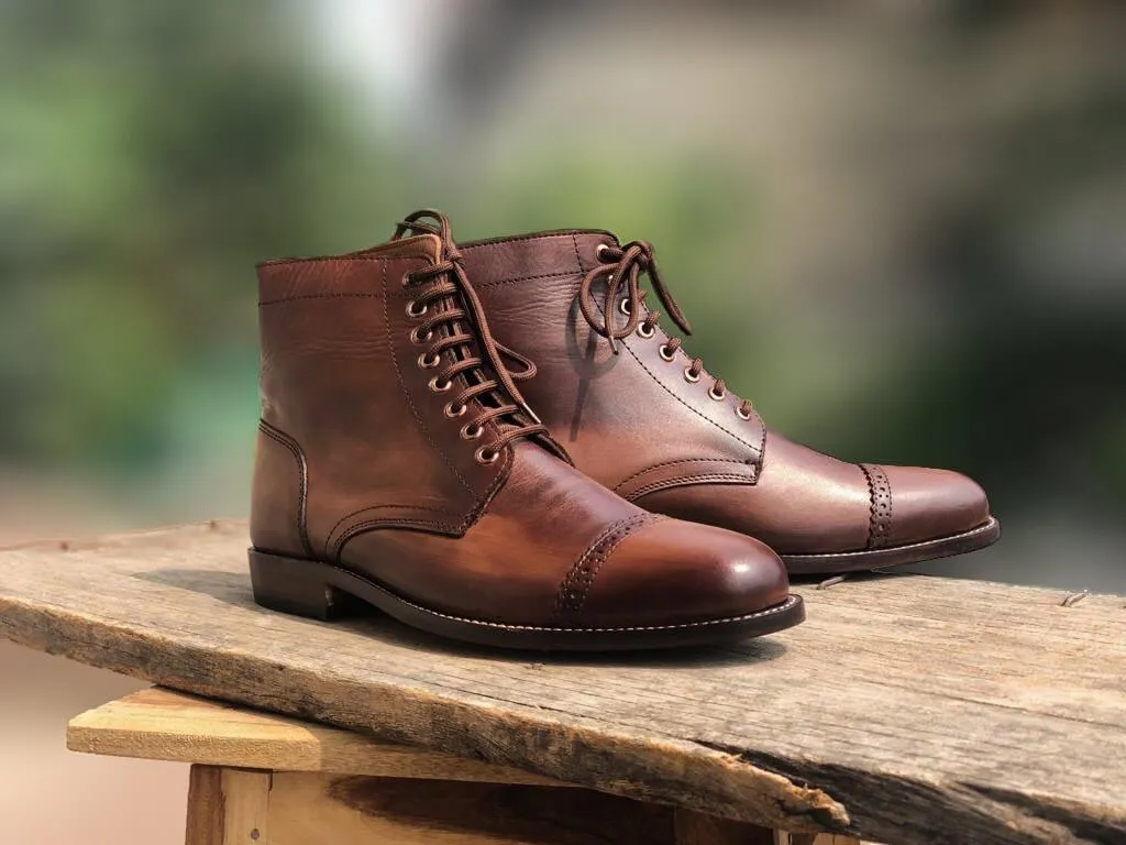 Handmade Men's Rusty Antique Brown Leather Cap Toe Lace Up Boots, Men Ankle Boots, Men Designer Fashion Boots