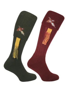 JACK PYKE Pair of Pheasant Embroidered Wool Mix Shooting Socks with Garters 8 to 11 UK