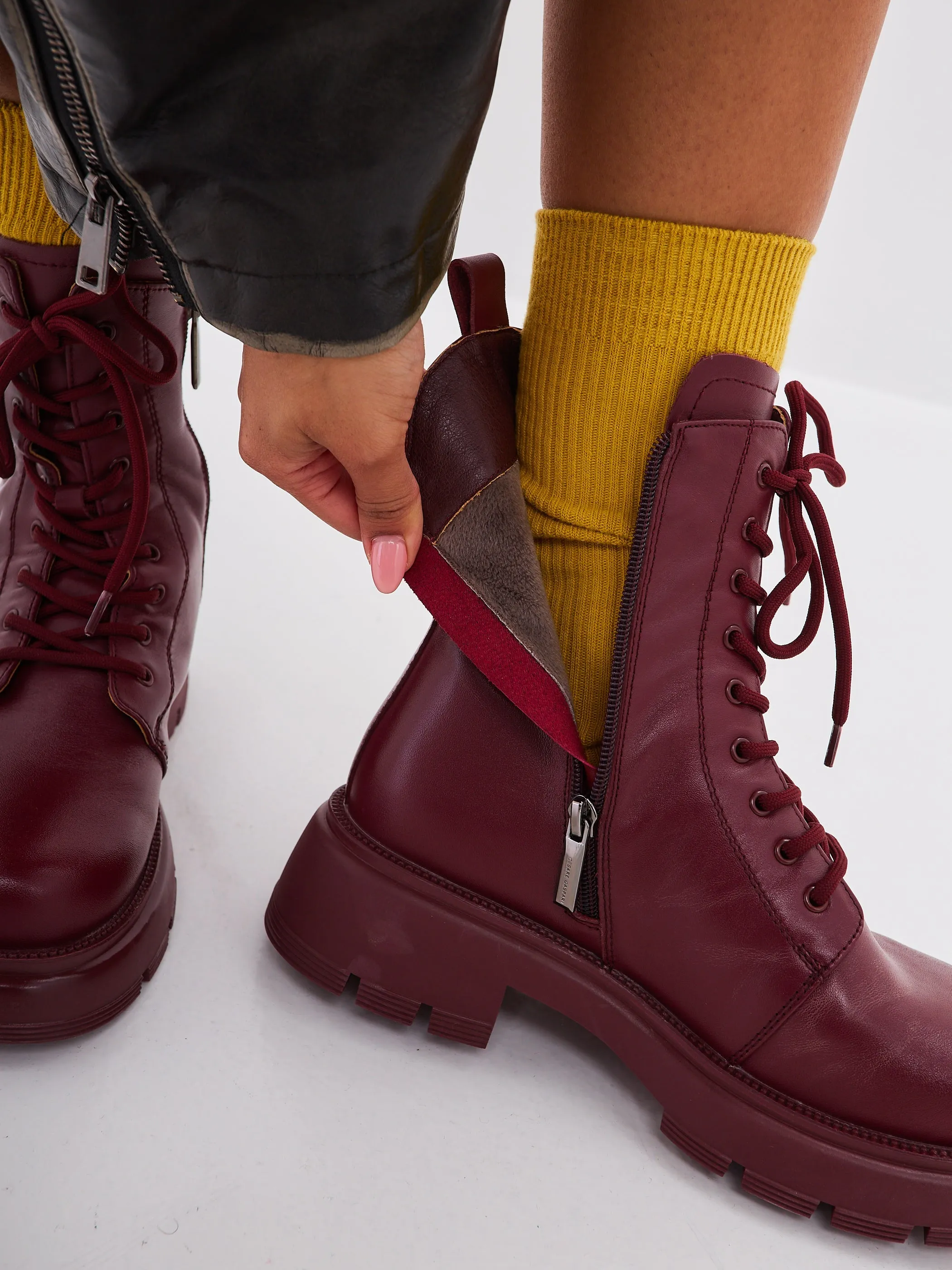 Leather Platform Ankle Boots - Bordeaux