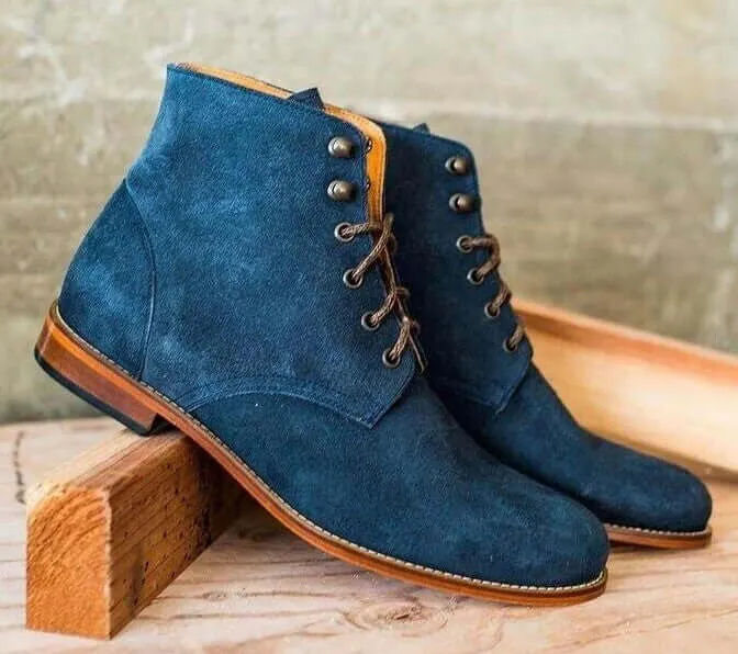 Men's Handmade Blue Suede Lace Up Ankle Boots, Men Designer Fashion Dress Boots