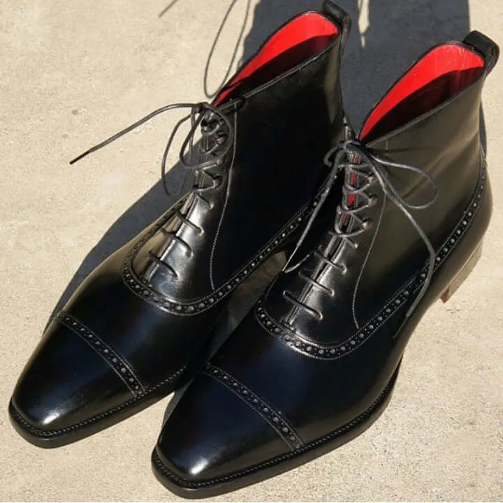 New Handmade Men's Black Color Leather Boots, Ankle High Lace Up Cap Toe Boots