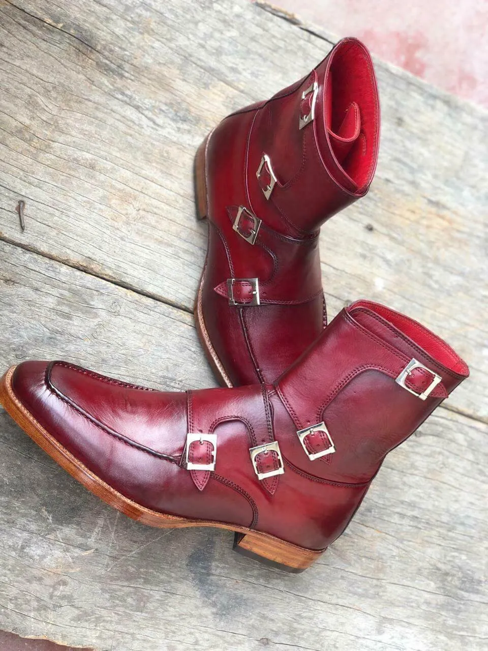 New Handmade Men's Burgundy Leather Buckles Boots, Men Ankle Boots, Men Fashion Boots