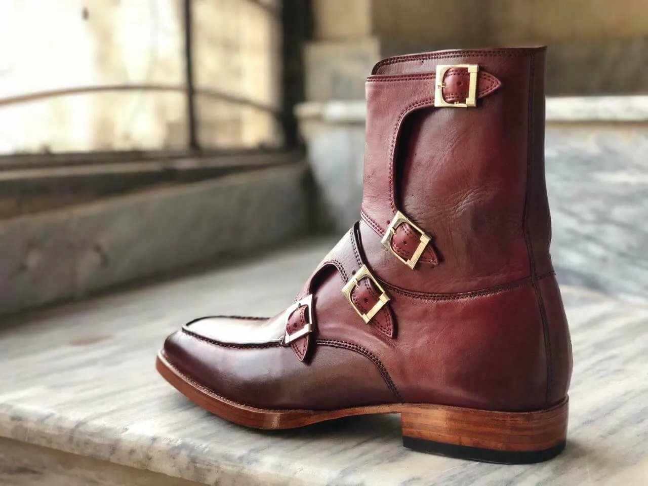 New Handmade Men's Burgundy Leather Buckles Boots, Men Ankle Boots, Men Fashion Boots