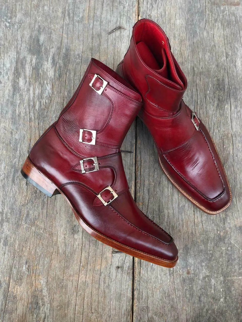 New Handmade Men's Burgundy Leather Buckles Boots, Men Ankle Boots, Men Fashion Boots