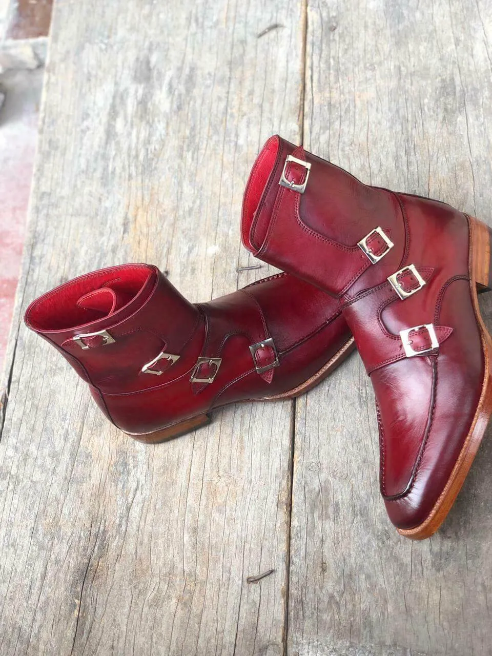 New Handmade Men's Burgundy Leather Buckles Boots, Men Ankle Boots, Men Fashion Boots