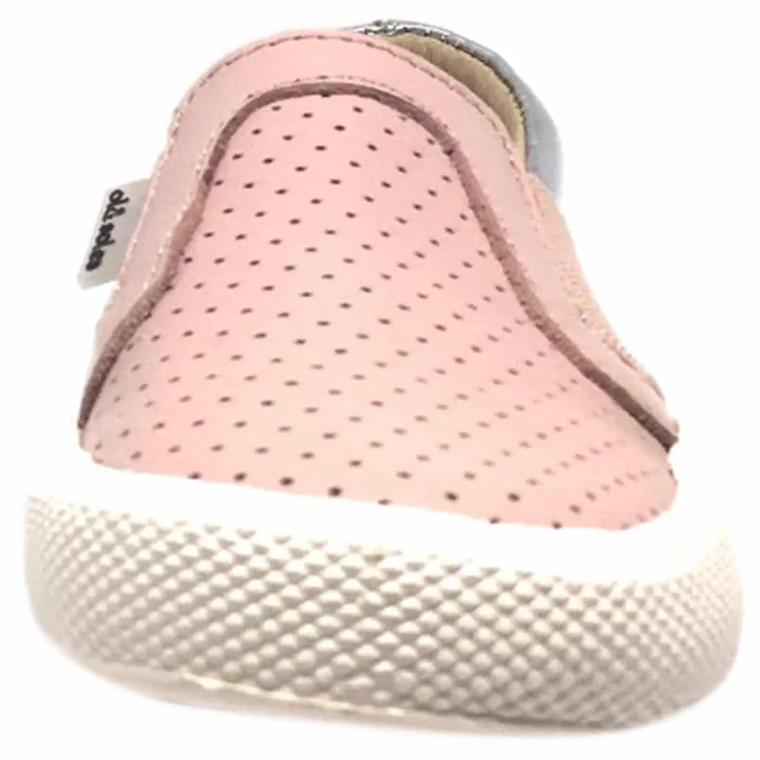 Old Soles Girl's 1056 Powder Pink & Silver Perforated Leather Praise Hoff Slip On Elastic Loafer Sneaker