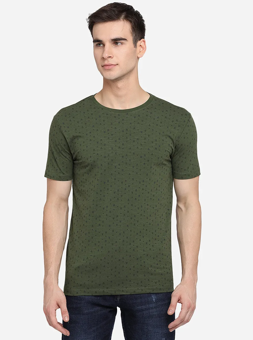 Olive Printed Slim Fit T-Shirt | JadeBlue