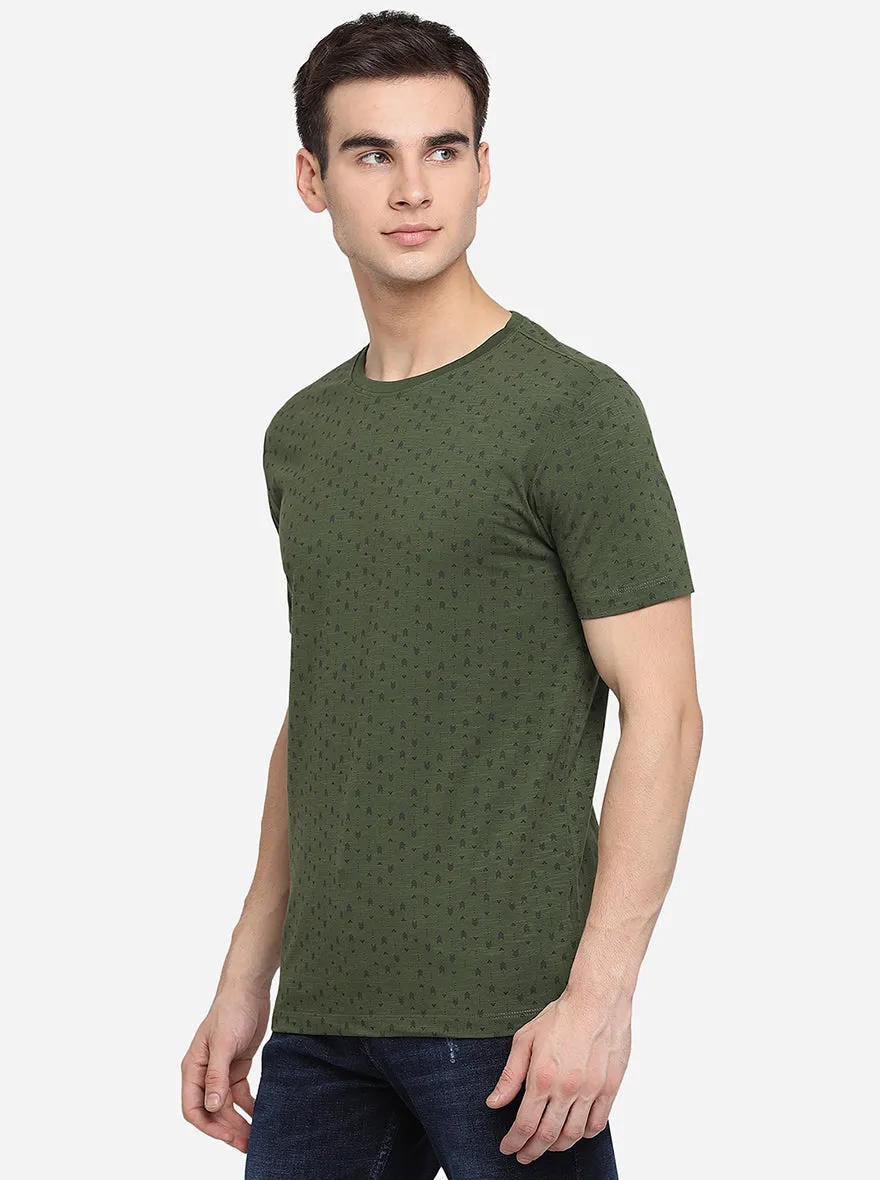 Olive Printed Slim Fit T-Shirt | JadeBlue