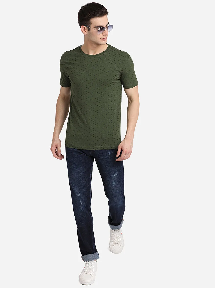 Olive Printed Slim Fit T-Shirt | JadeBlue