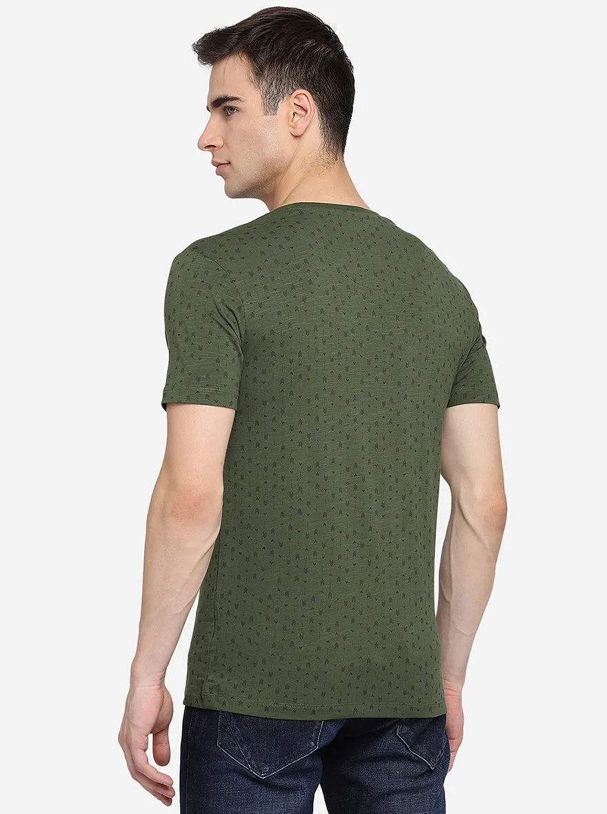 Olive Printed Slim Fit T-Shirt | JadeBlue