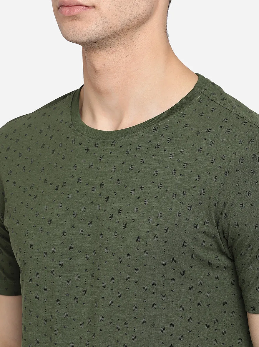 Olive Printed Slim Fit T-Shirt | JadeBlue