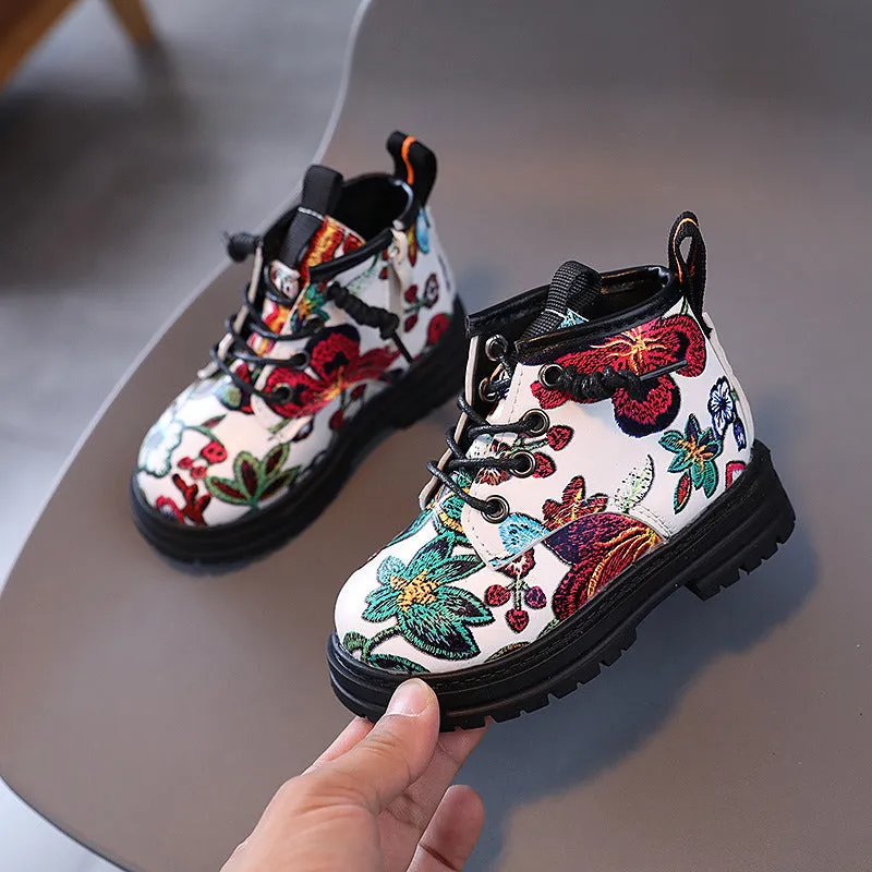 Retro National Floral Printing Ankle Boots for Kids Girls Cozy Spring Autumn Cotton Boots