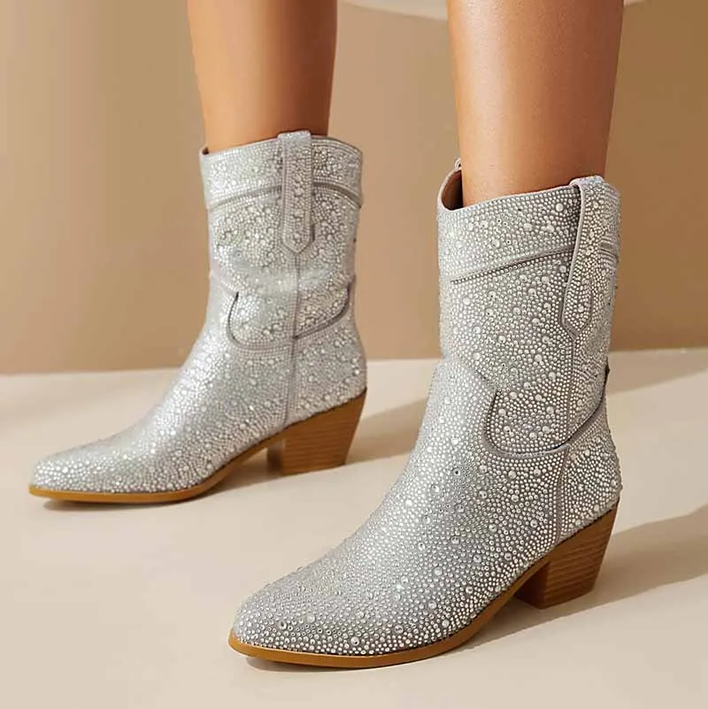 Sparkly Cowgirl Ankle Boots Rhinestone Cowboy Boots Glitter Mid Calf Block Heel Boots