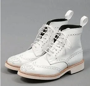 Stylish Handmade Men's White Wing Tip Brogue Ankle Boots, Men Leather Designer Fashion Boots