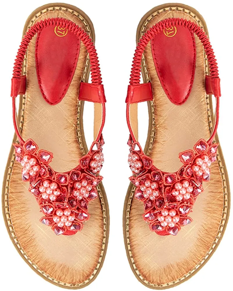 T-Strap Floral Red Rhinestone Flip Flops Sandals