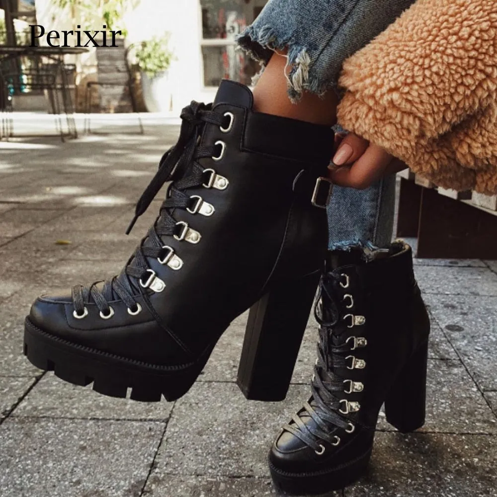 Thick Heel Platform Ankle Boots with Handmade Details