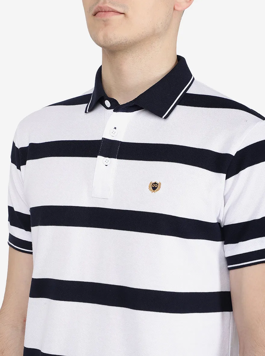 White & Navy Striped Slim Fit Polo T-Shirt | Jadeblue