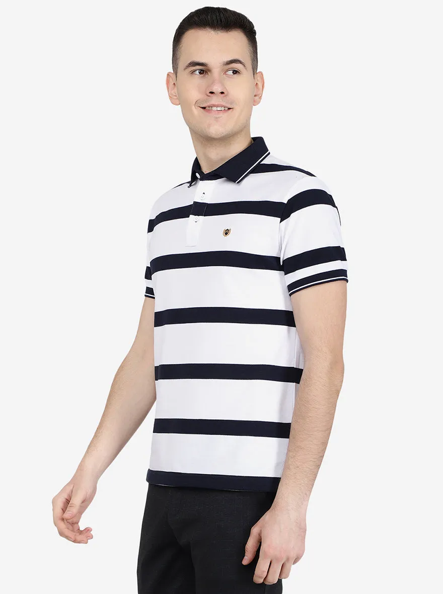 White & Navy Striped Slim Fit Polo T-Shirt | Jadeblue