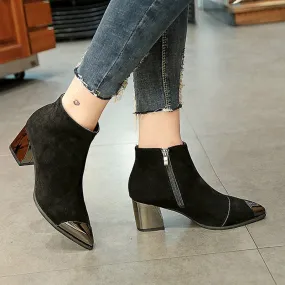 Women's Autumn Flock Leather Square-Heeled Ankle Boots