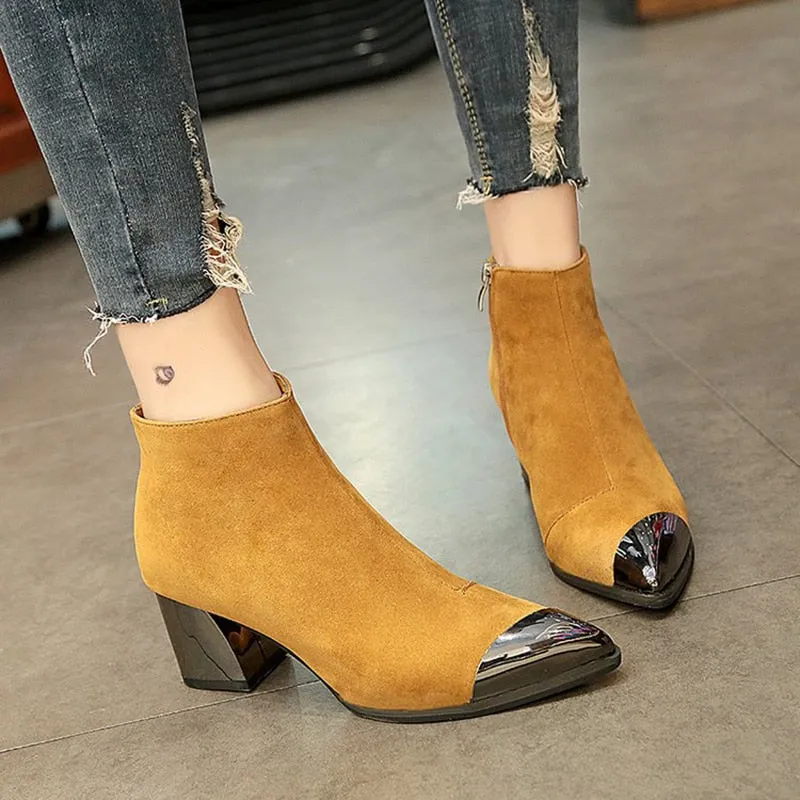 Women's Autumn Flock Leather Square-Heeled Ankle Boots