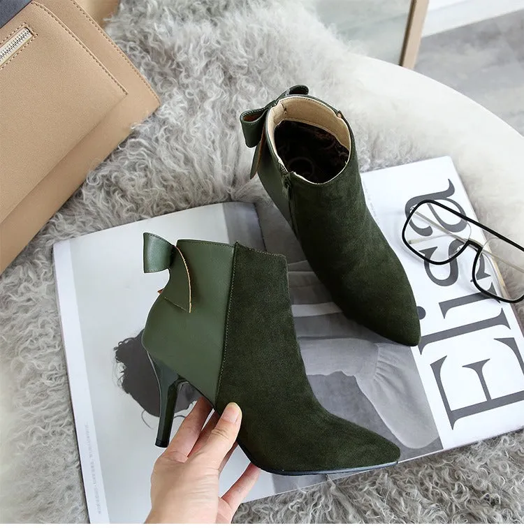 Women's Winter Elegant Thin High-Heeled Ankle Boots With Decorative Bow