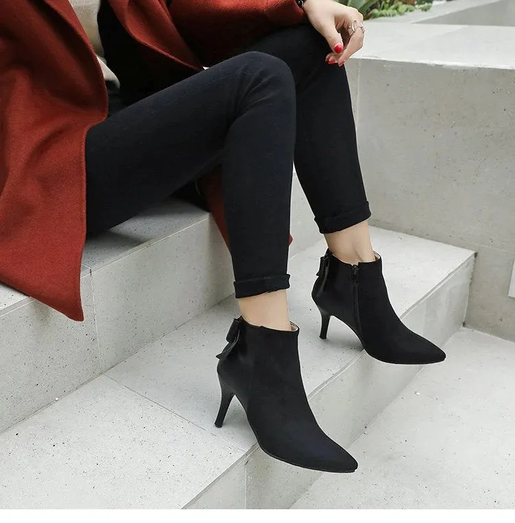 Women's Winter Elegant Thin High-Heeled Ankle Boots With Decorative Bow