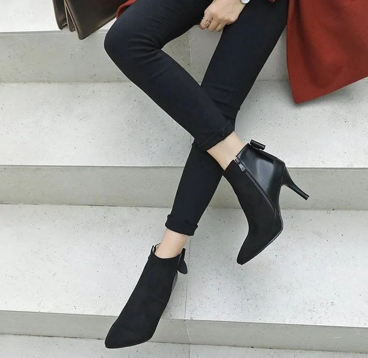 Women's Winter Elegant Thin High-Heeled Ankle Boots With Decorative Bow