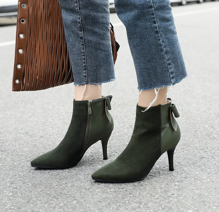 Women's Winter Elegant Thin High-Heeled Ankle Boots With Decorative Bow