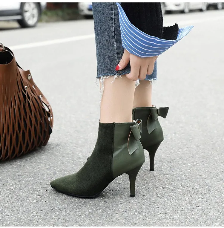 Women's Winter Elegant Thin High-Heeled Ankle Boots With Decorative Bow