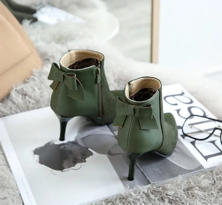 Women's Winter Elegant Thin High-Heeled Ankle Boots With Decorative Bow